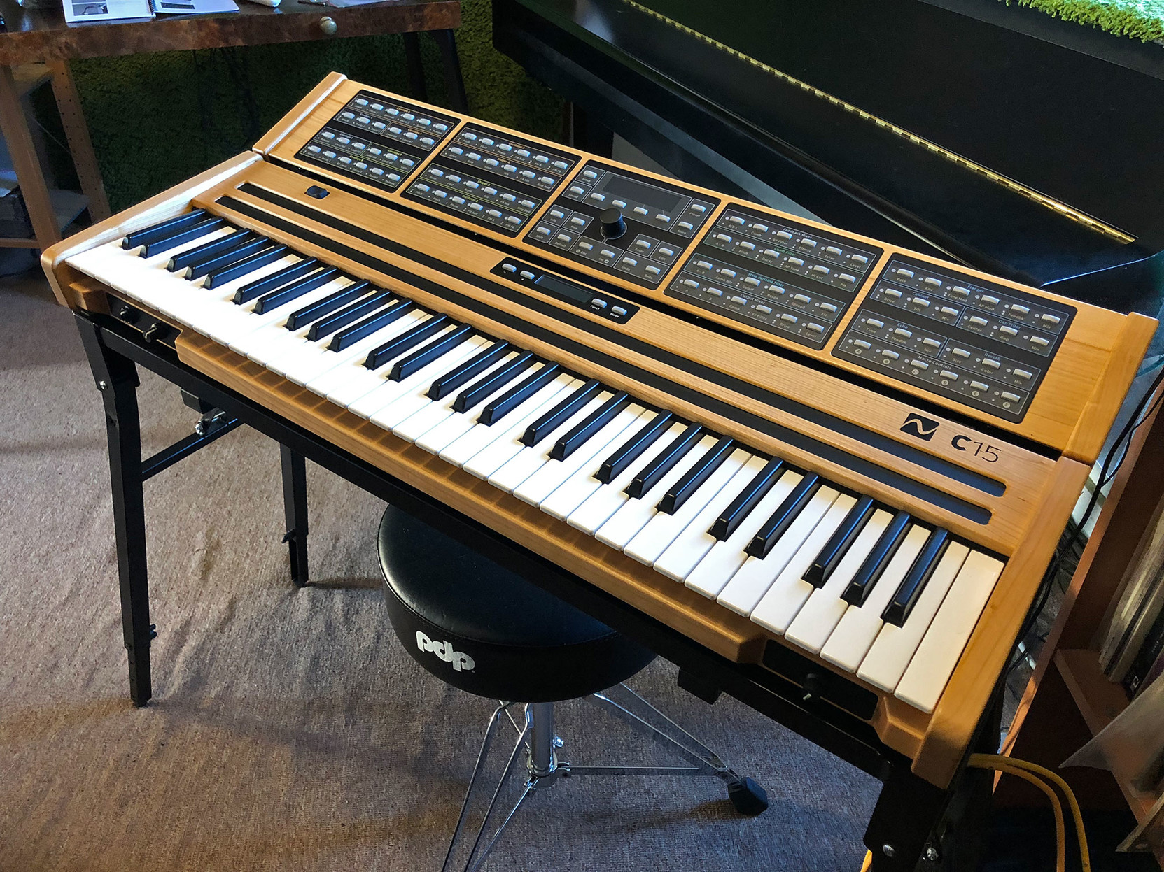 A full view of the Nonlinear Labs C15 synthesizer, set up in the studio. It’s a beautiful instrument, made of cherry wood.