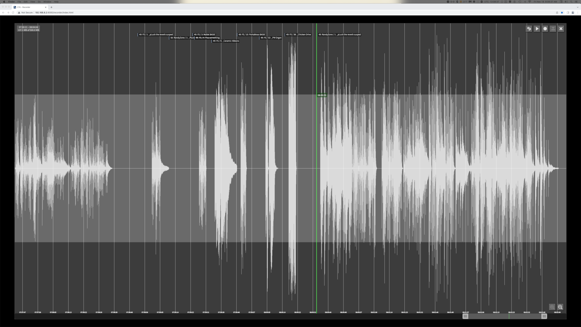 Screen capture of audio recording waveform from the C15 … includes automatic tags of which presets were being used.