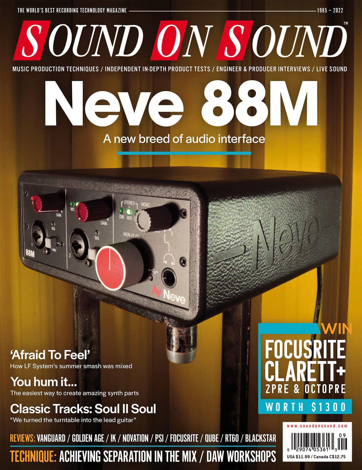 The front cover of Sound On Sound magazine, featuring a closeup of a Neve 88M audio interface – a small black box with several red and gray knobs. 

The lead caption reads “Neve 88M: A new breed of audio interface.”