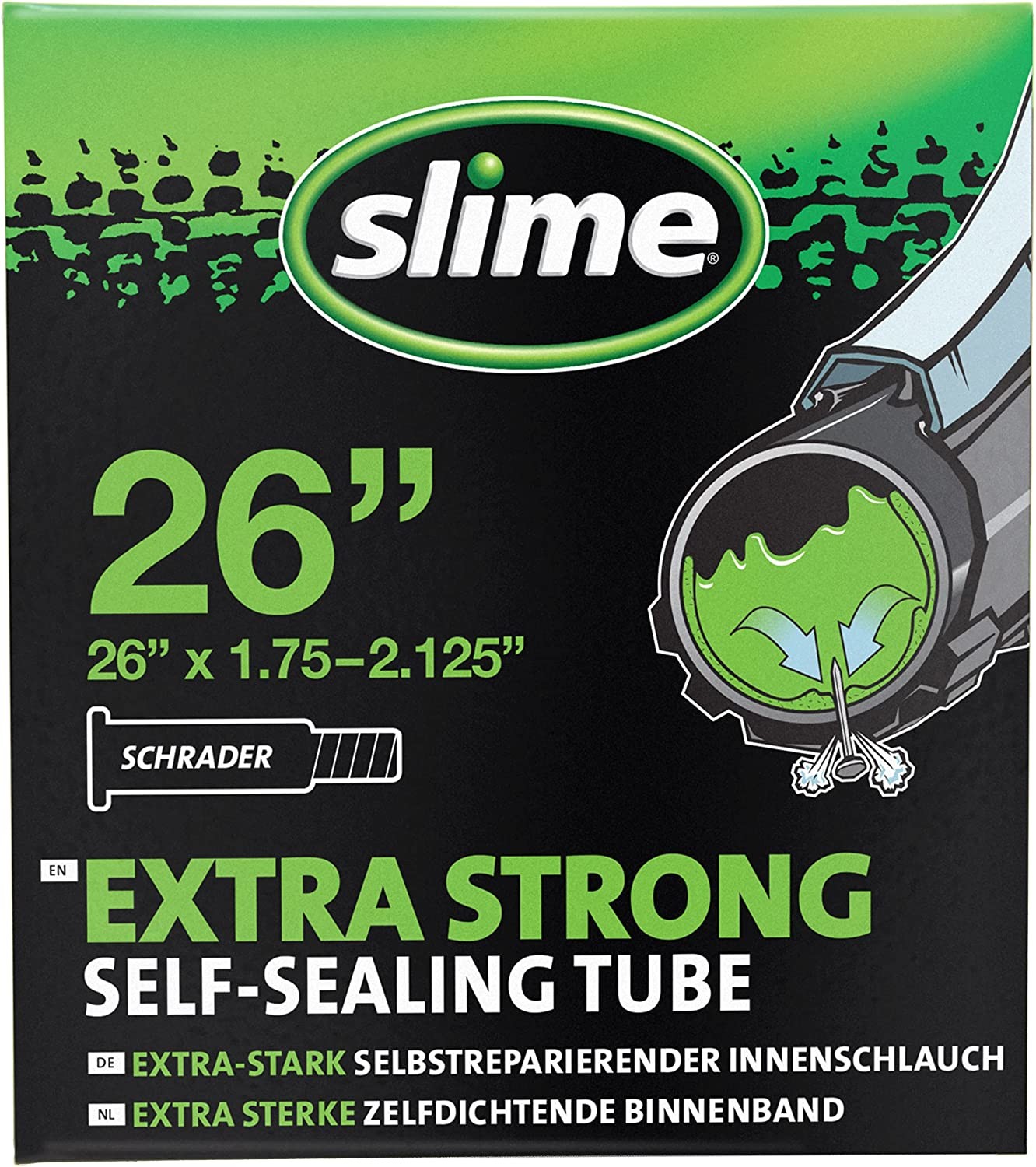 Green package graphics for Slime self-sealing bicycle tube.