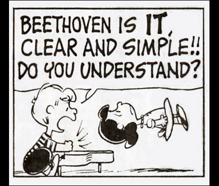 Third frame:

Schroeder pounds his fist on the piano, shouting “Beethoven is IT, clear and simple!! Do you understand?”

Lucy is levitated into midair by his shout.