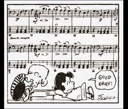 Fourth frame:

Schroeder resumes playing, and we can see the notes of the music filling the air in the background. 

Lucy, propped against the rear of the piano, says “Good grief!” shakily.
