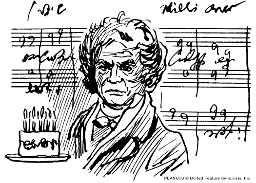 Drawing of a birthday cake, a rather stern head-and-shoulders view of Beethoven, and some music in the background … all drawn by Charles Schultz.