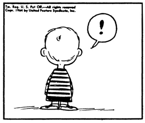 He stops in his tracks, an exclamation point appearing over his head.