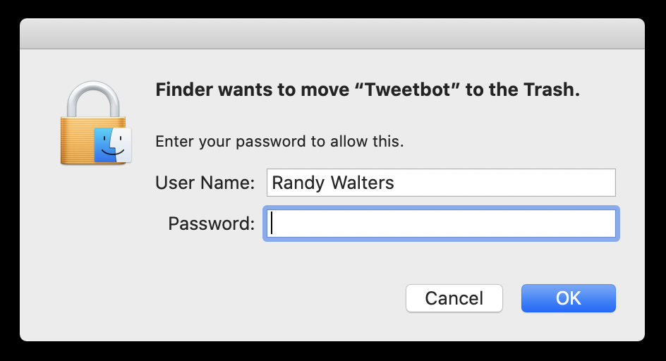 Image of MacOS dialog box, saying “Finder wants to move “Tweetbot” to the Trash.”