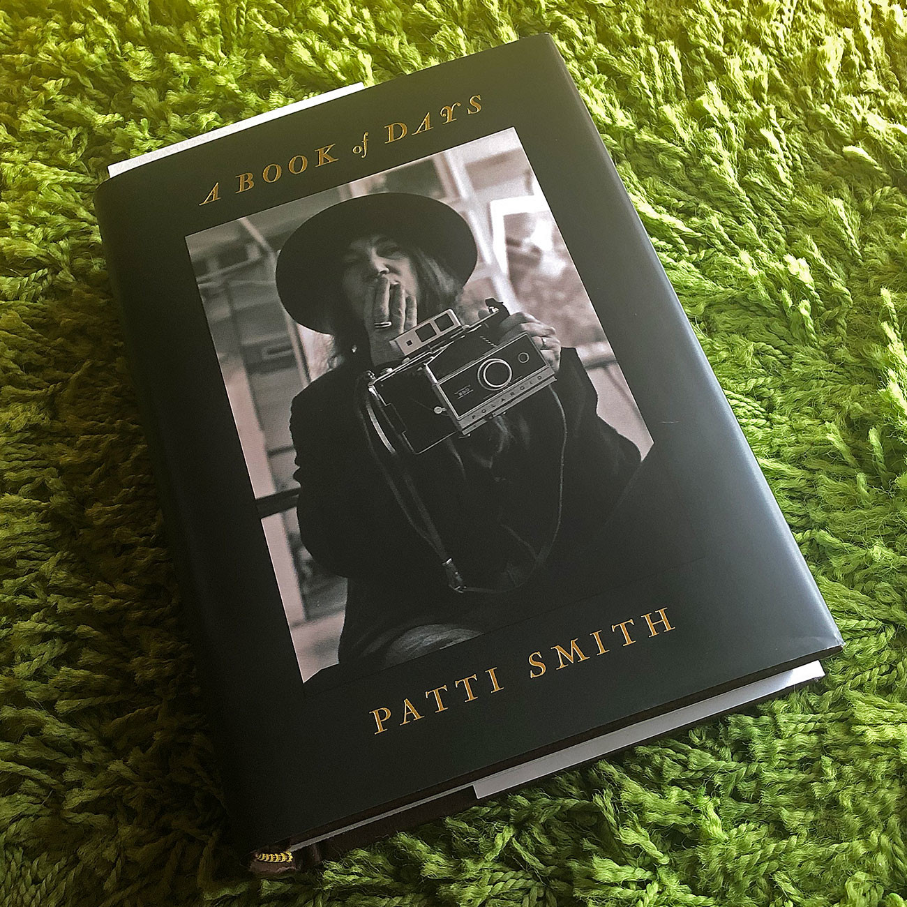 A copy of Patti Smith’s new book “A Book Of Days,” 

resting on a grass-green carpet and illuminated by the rays of the morning sun.