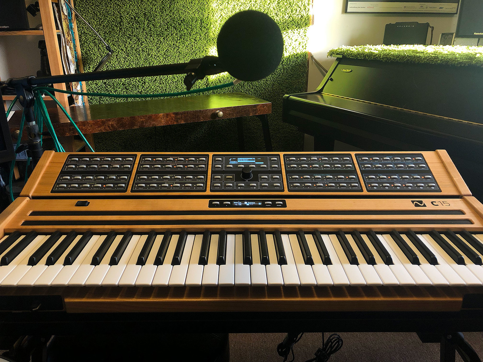 Here’s the view from in front of my C15 synth from Nonlinear Labs in Berlin … the mic’s right in front of my face. 

You can see lots of green carpeting on the wall in the background.