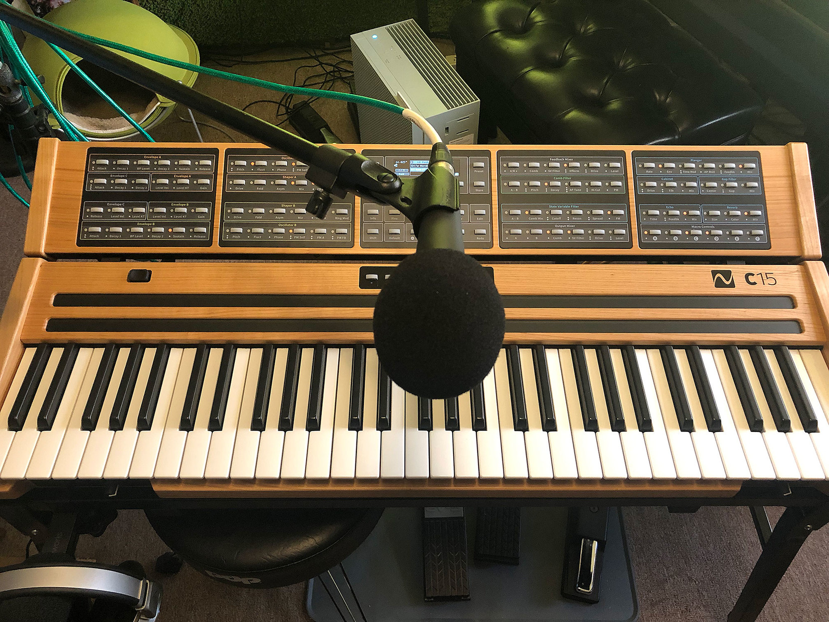 Here’s the same view from a slightly higher perspective, so you can see the mic above the synthesizer.