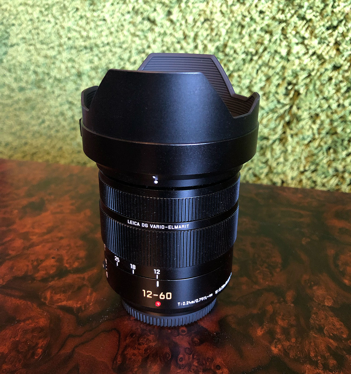 A black Leica 12-60 f/2.8 lens, looking nice and sleek.