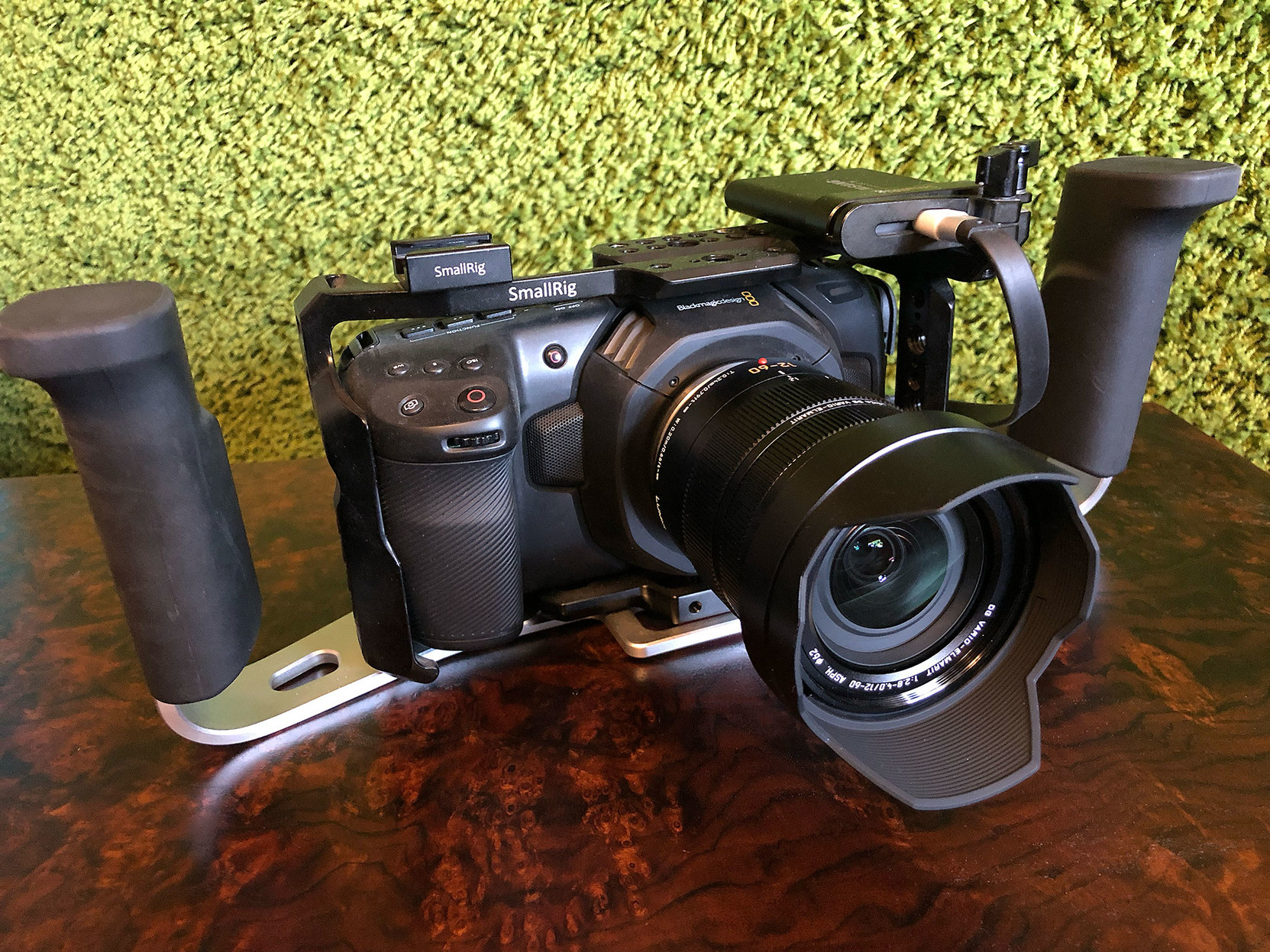 The Leica lens, mounted on my Blackmagic Design Pocket Cinema Camera 4K.

Both are riding on a BMD stabilizing grip.