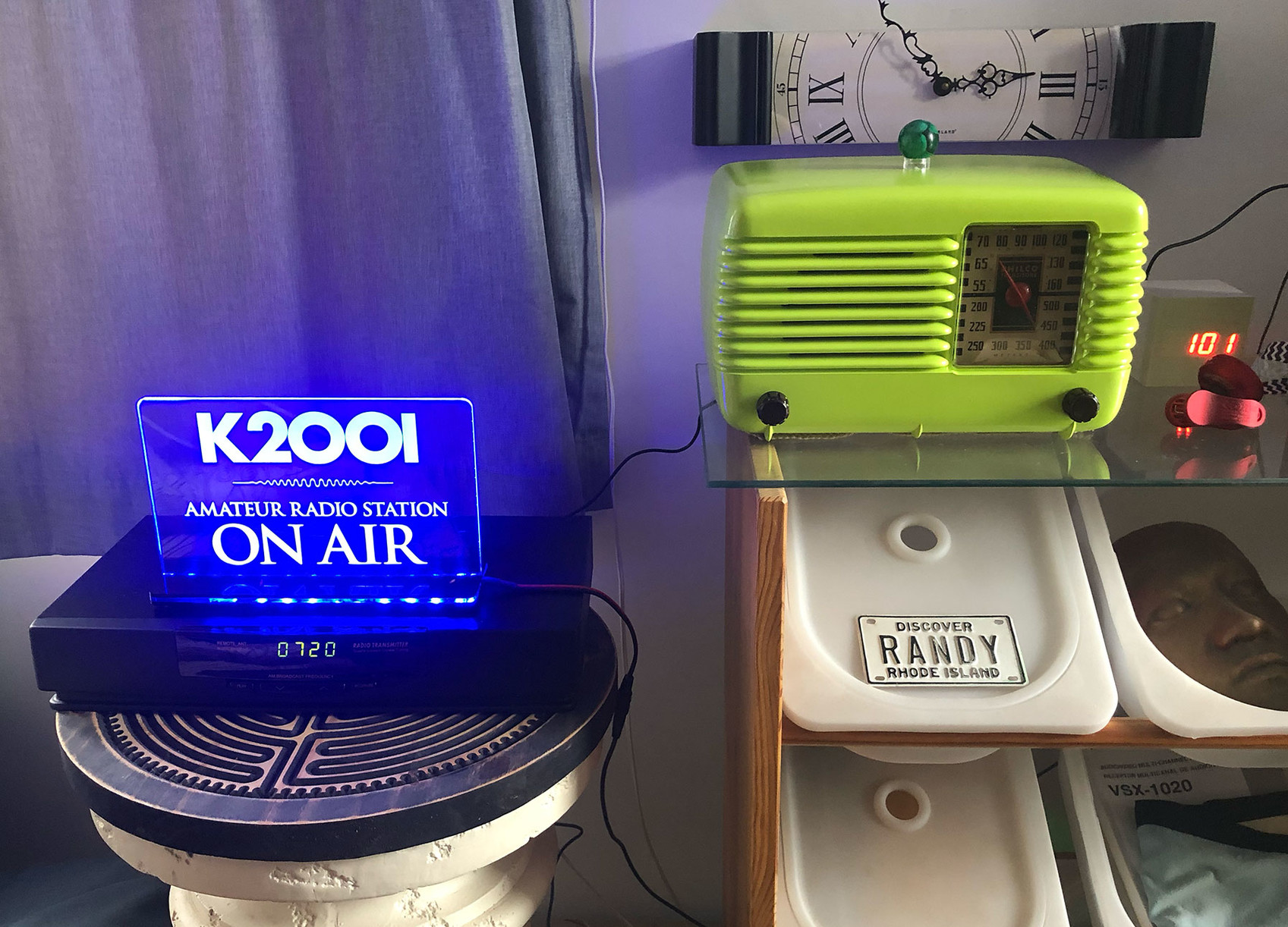 A bright green bakelite radio, an AM transmitter, a sign with the call letters of my ham license … put them all together, and it’s kind of a miracle.
