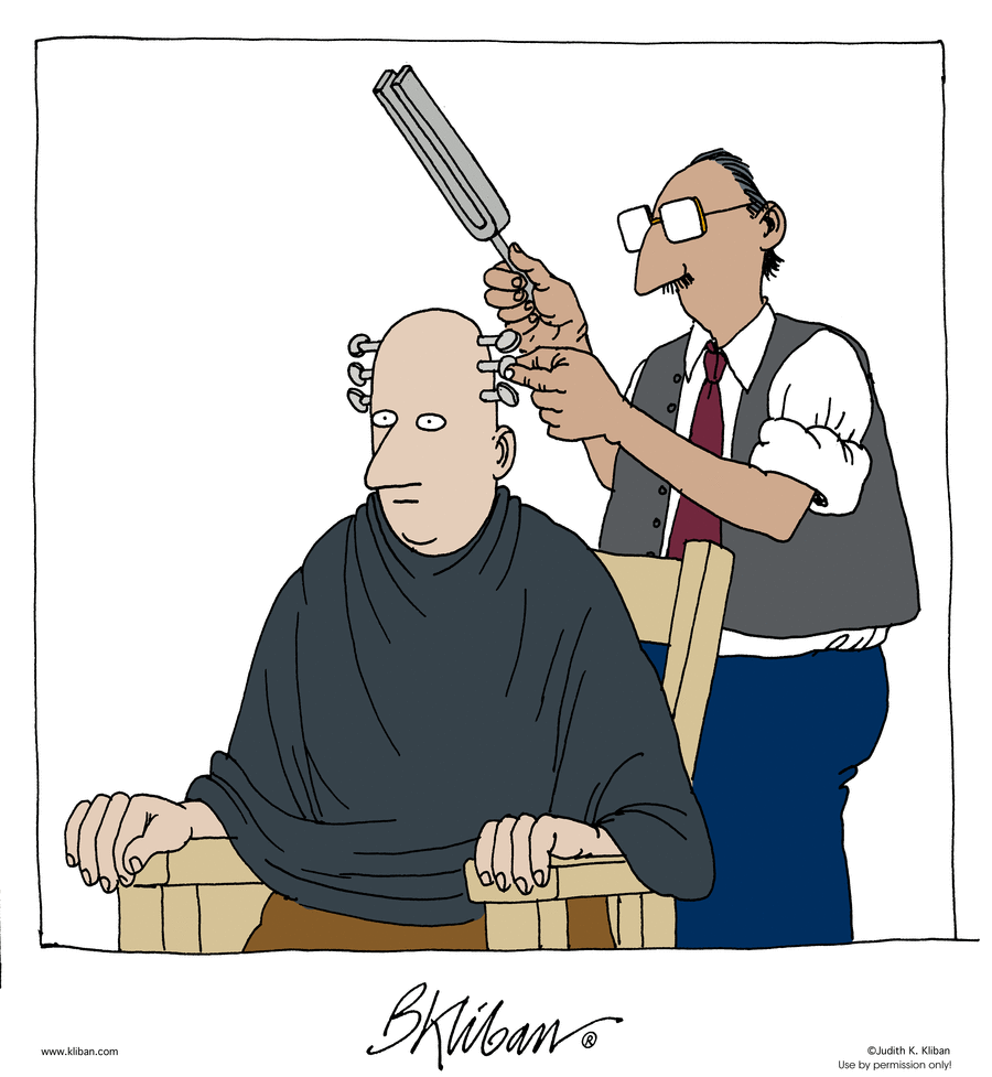 A man sits in a chair with guitar tuners extending out of his head, while another man with a tuning fork adjusts them.