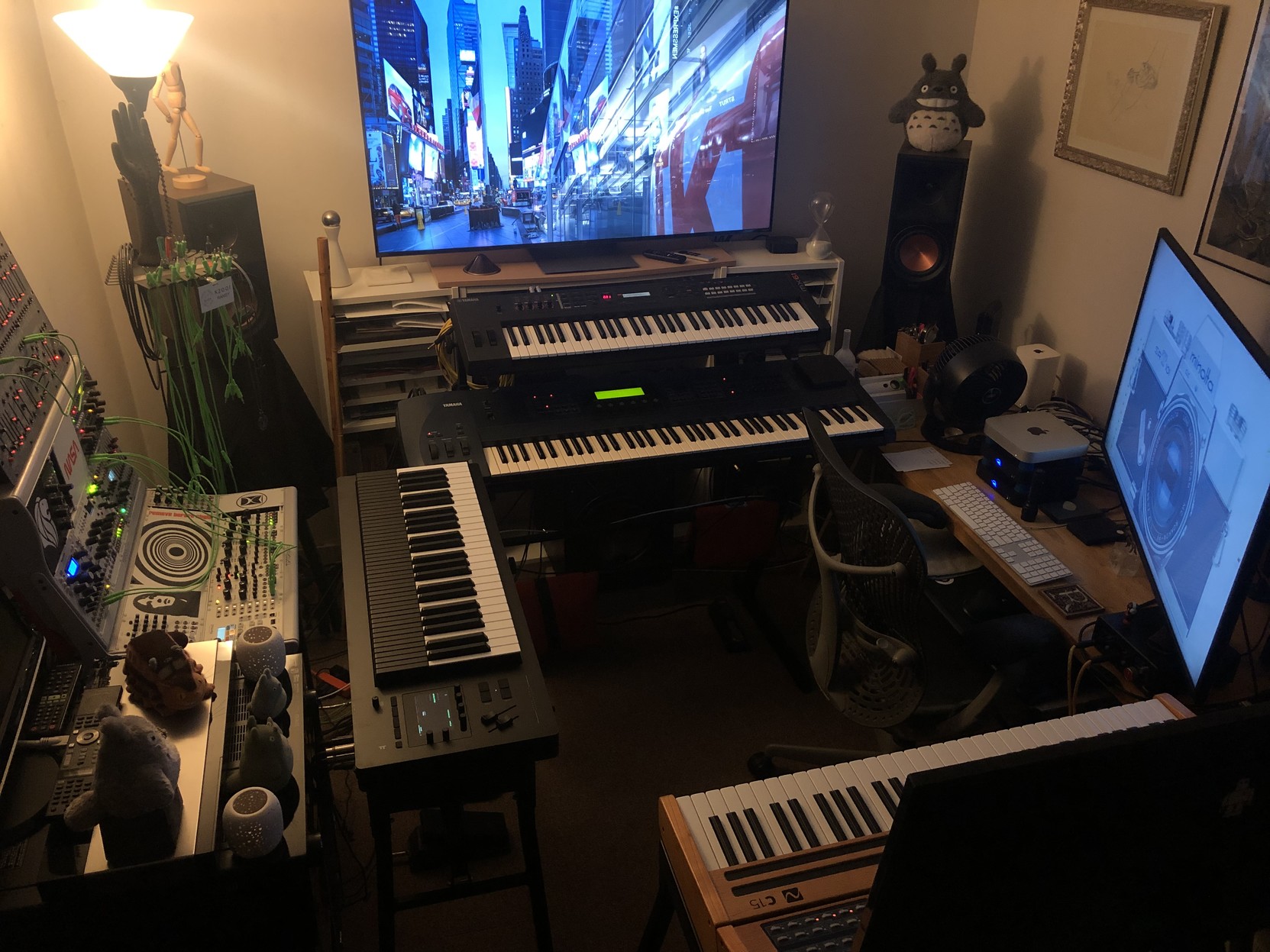A night shot of the studio … keyboards everywhere.