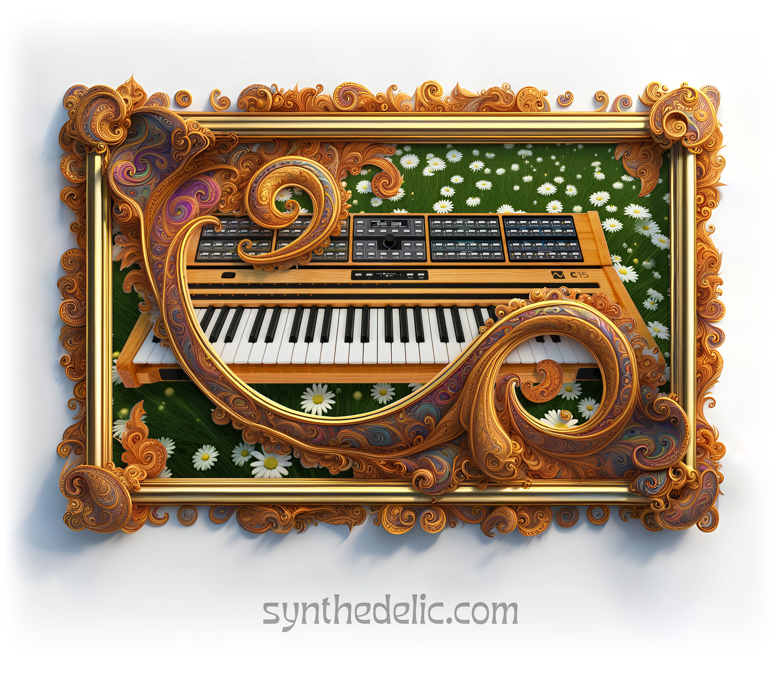 Not easily described … a psychedelic picture frame with trippy paisley patterns, enclosing a Nonlinear Labs C15 synthesizer over a field of daisies.