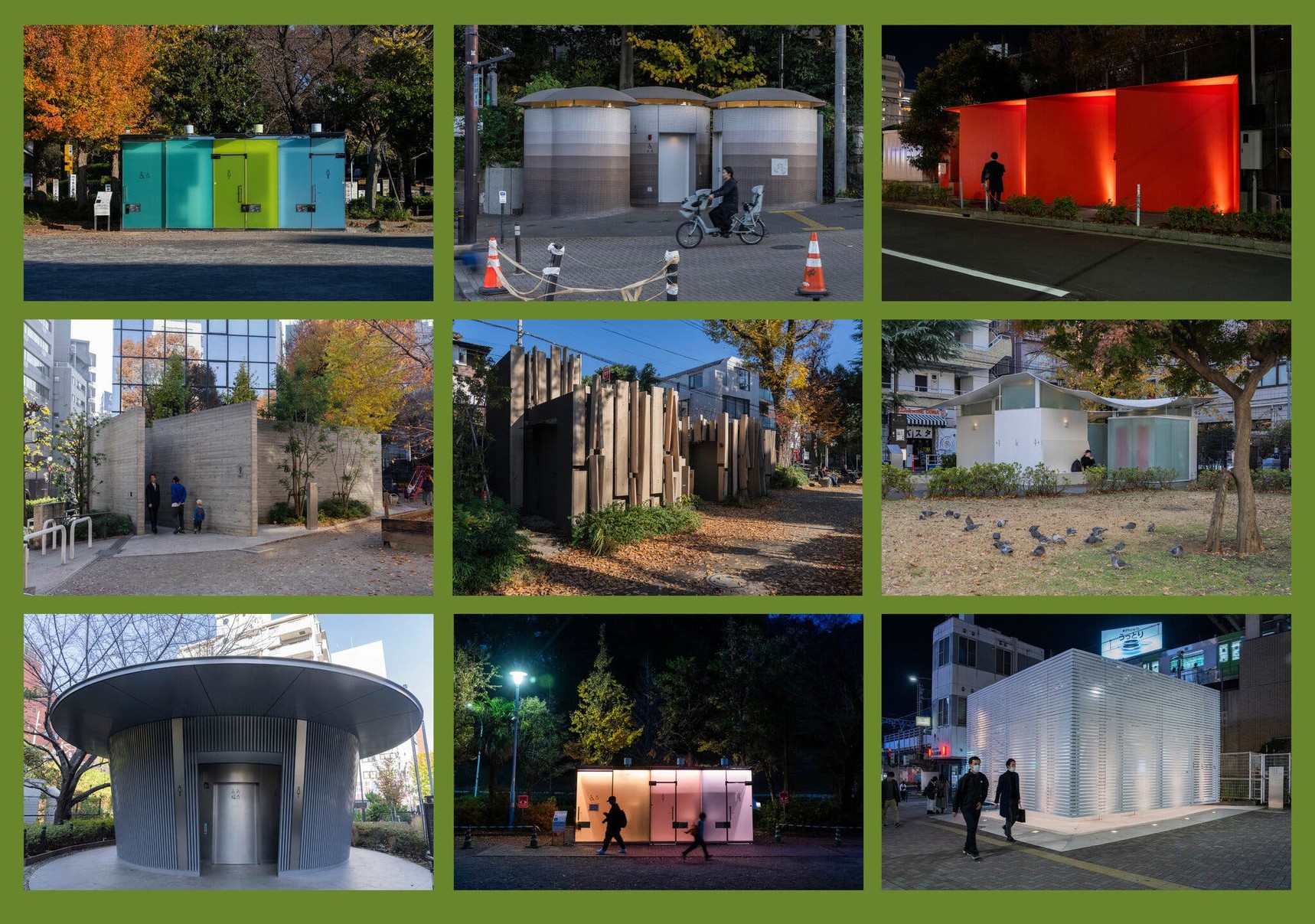 A collage of immaculate public toilets.