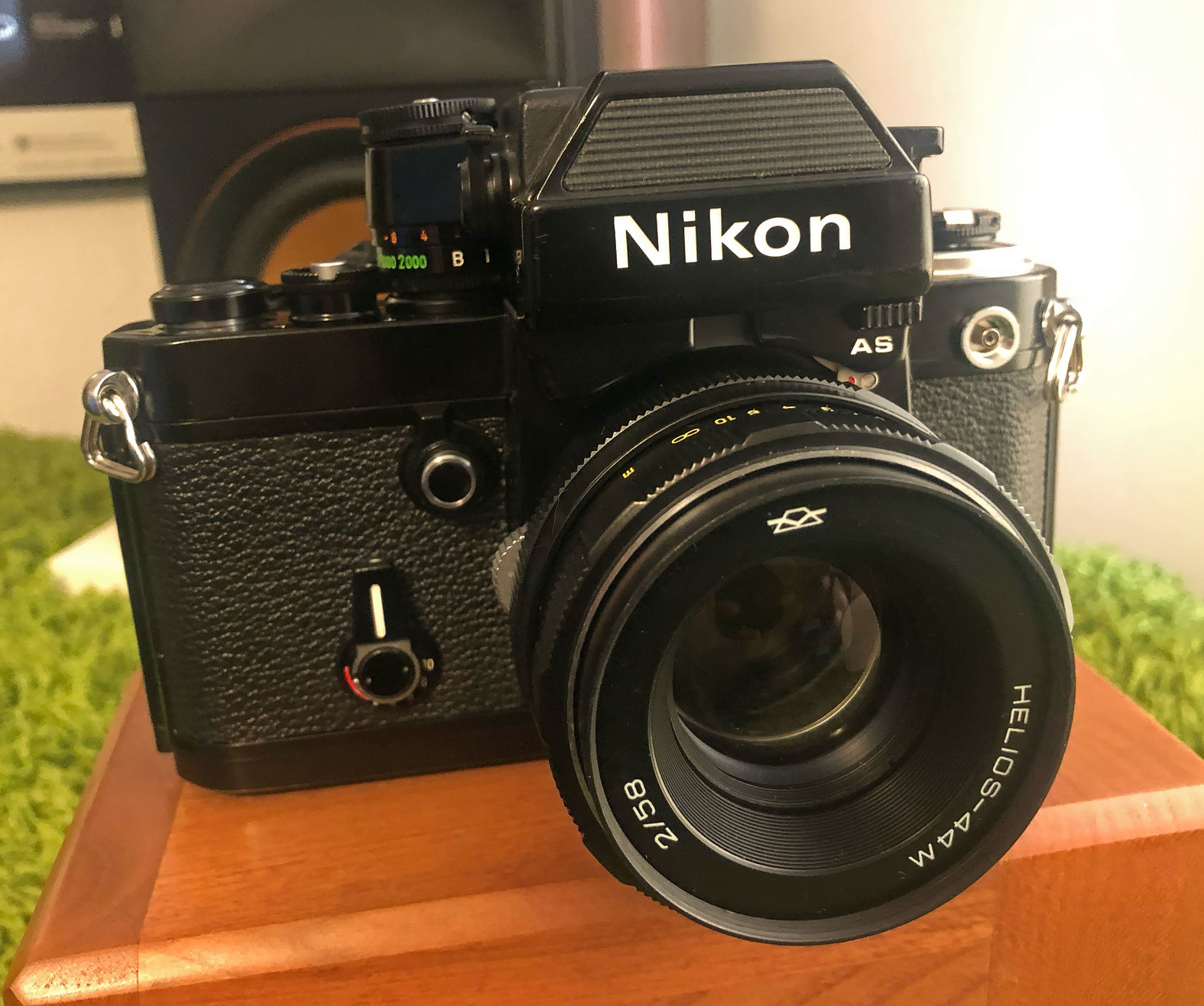 My pristine new (old) Nikon F2AS. Black and beautiful, it’s got a Russian Helios lens that’s often called the “bokeh monster.”