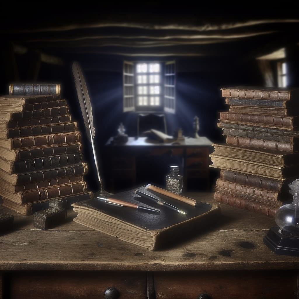 A quick test for a book cover; an old desk with with stacked books, pen, inkwell, natural light.