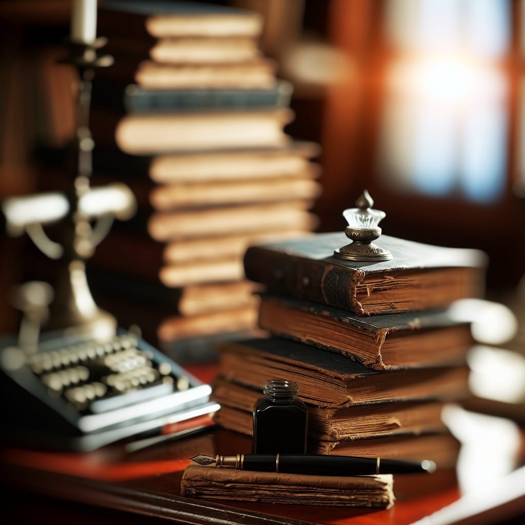 A quick test for a book cover; an old desk with with stacked books, pen, inkwell, natural light.