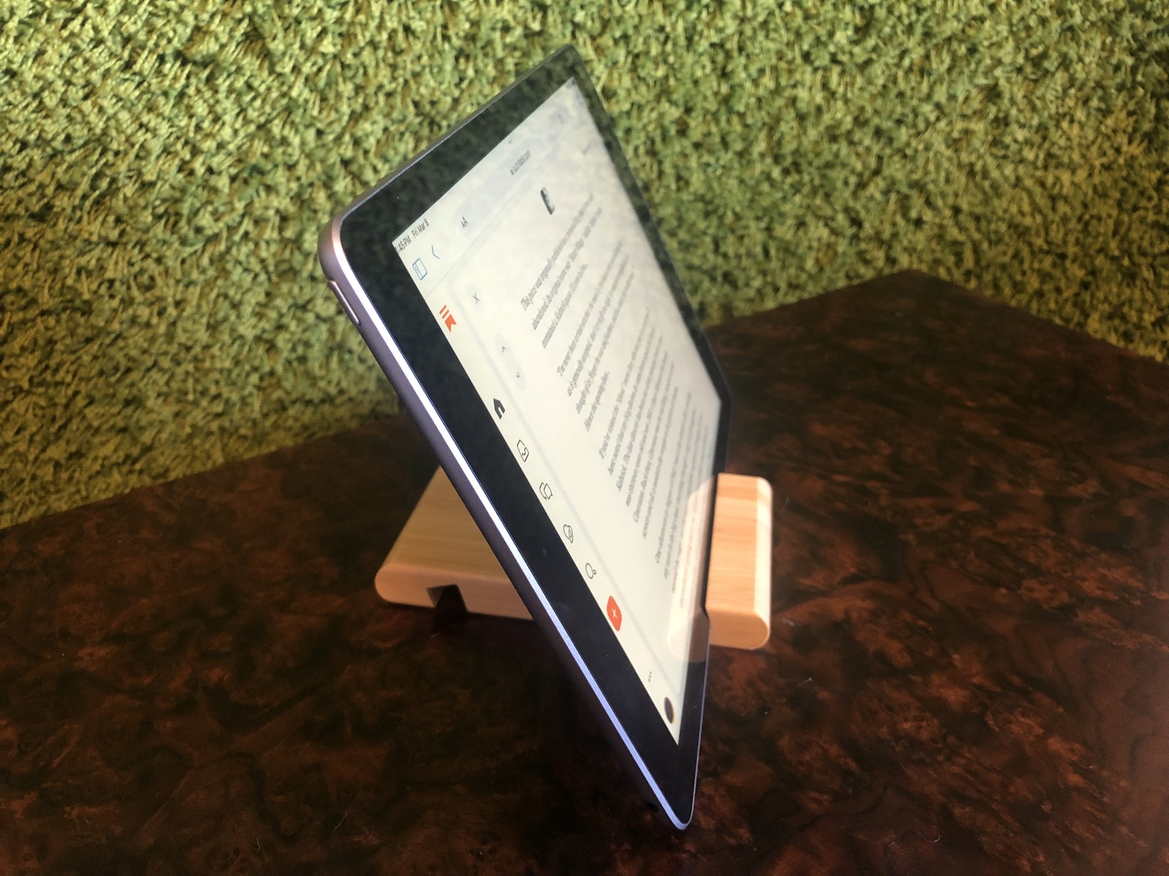 A side view, showing the little Ikea bamboo stand. Can’t go wrong for $2.99.