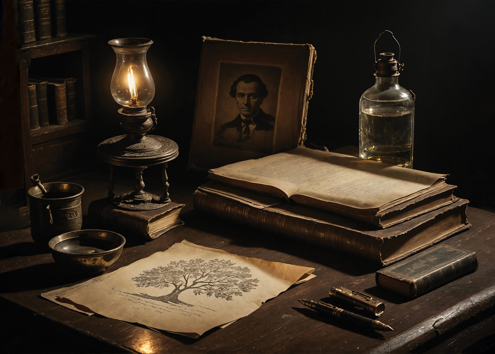An old desk, books, pen, ink, an oil lamp.