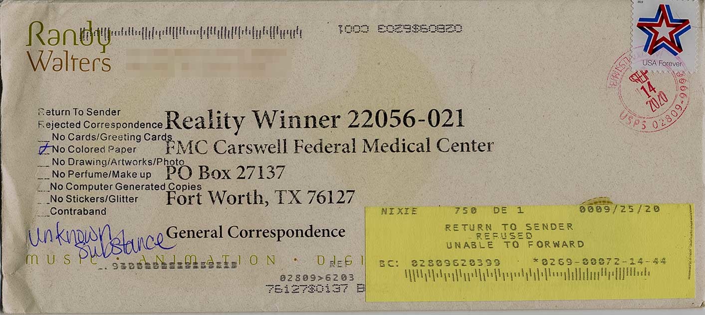 The first letter I sent Reality Winner, after it was rejected by prison authorities. A second letter, in a plain white envelope with a handwritten address, made it through … I hope. At least it wasn’t returned.