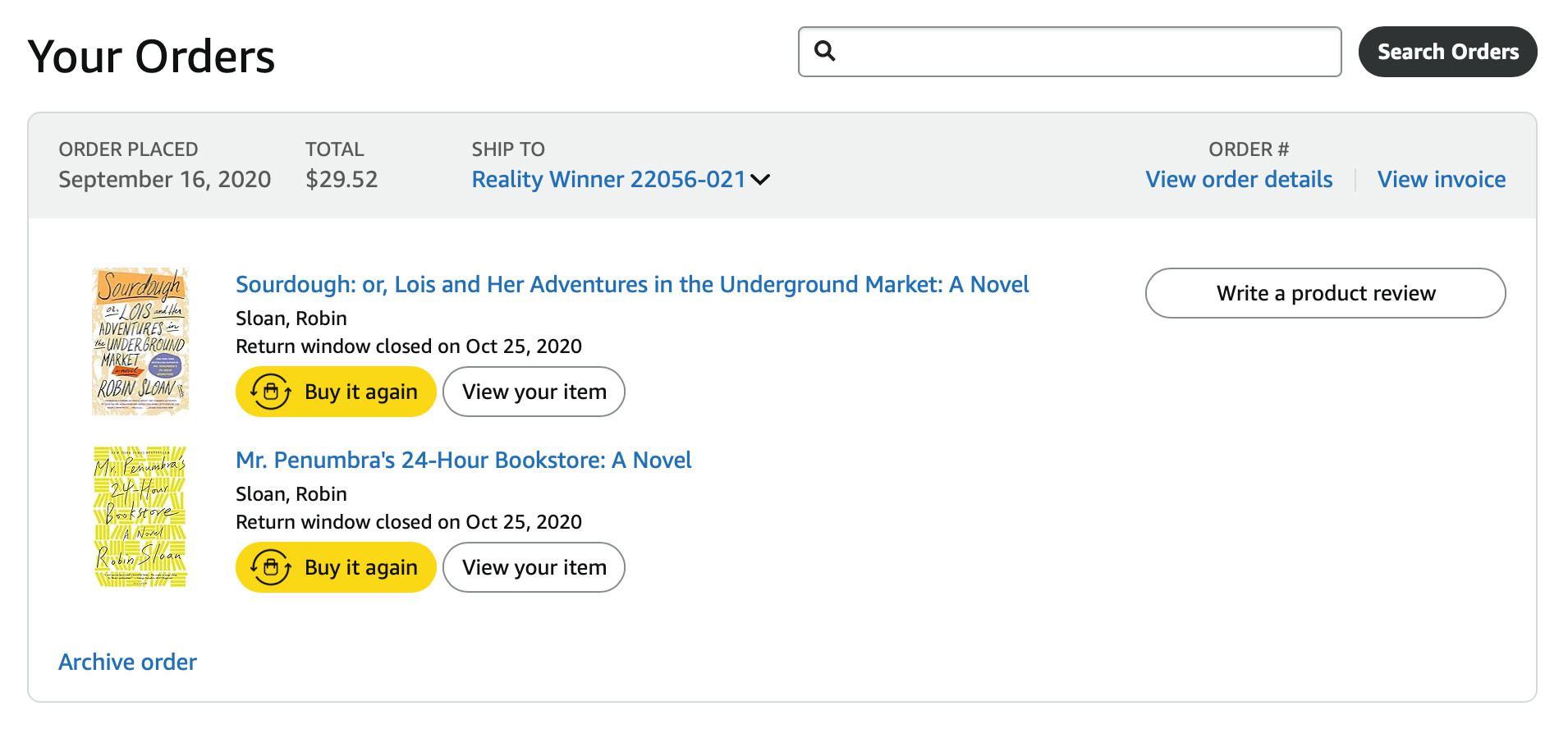 These are the two Robin Sloan novels I had Amazon send directly to Reality. They’re great, like all Robin’s work.

It’s an interesting question … what books would you send to someone who was unjustly imprisoned, to help them pass the time, and bring them some joy?