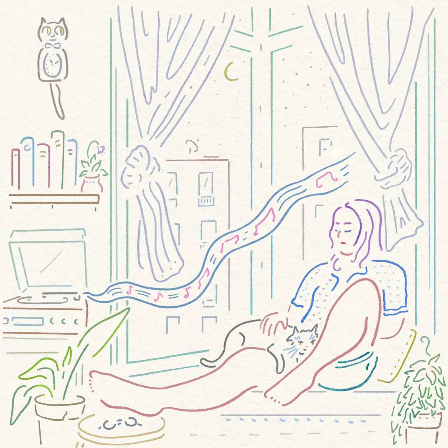 Matthew C. Kramer’s gorgeous illustration for the NYTimes, depicting a woman with a cat, listening to a record player.
