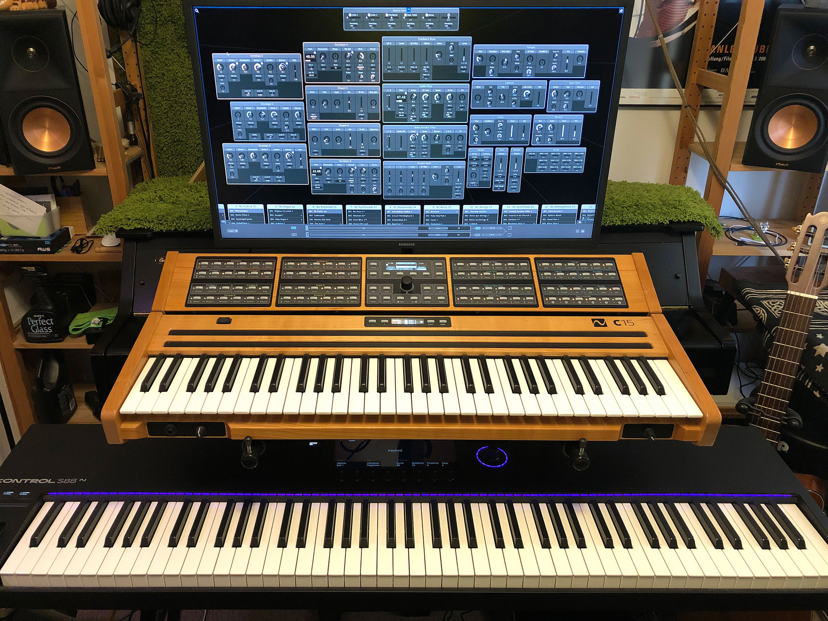 The new NI Kontrol S88 mk3 on the bottom, the Nonlinear Labs C15 on the top … with the dedicated monitor displaying the virtual interface from its internal web server. This is one powerful mofo!

This photo is high resolution, so try expanding it on your screen, if you have a desktop or laptop. By the way – those speakers are the rear surround set; we’re facing the rear of my little studio.