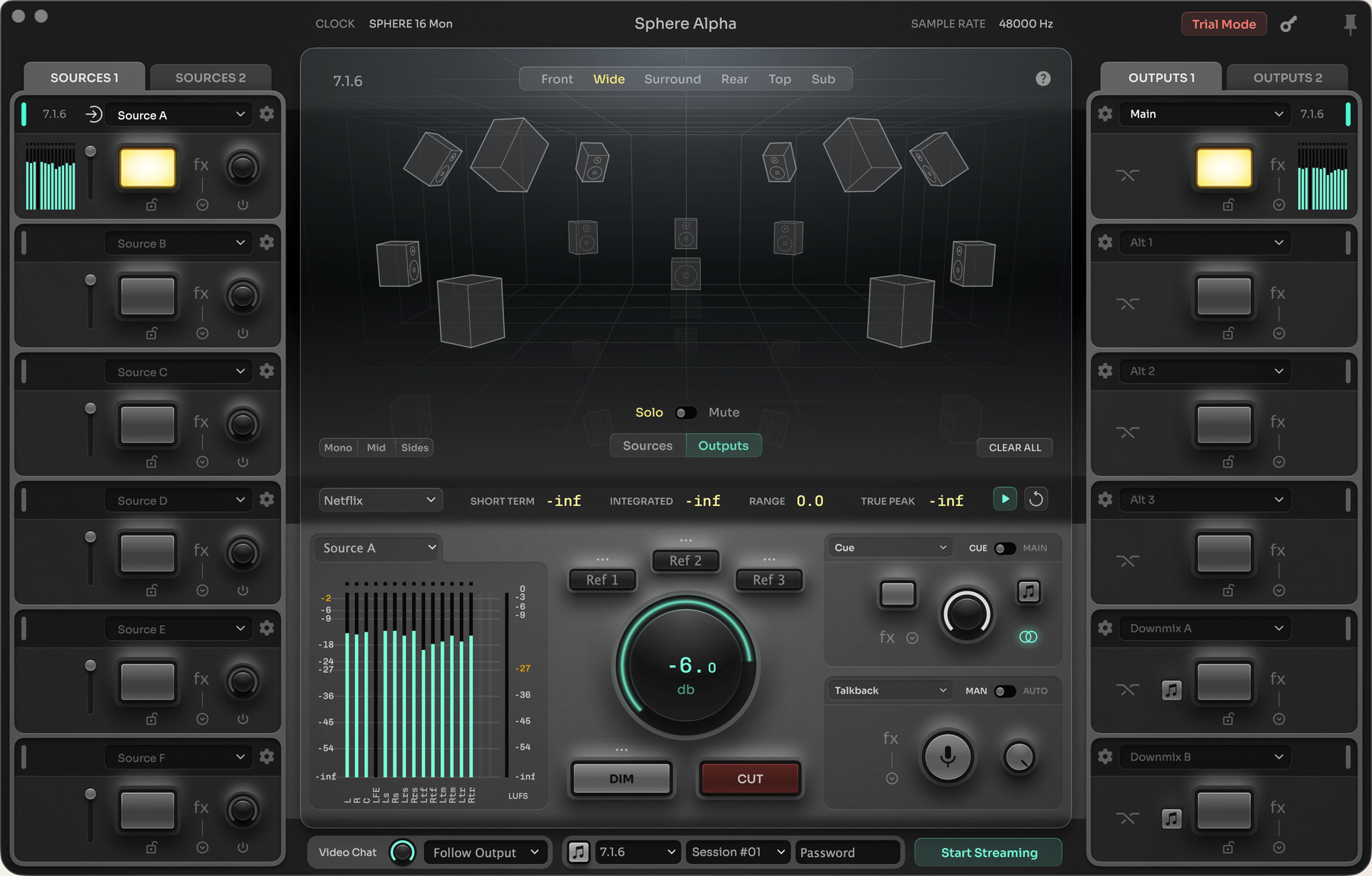 A screen cap of SPHERE Immersive in action … yep, that’s a representation of my actual 14-channel Atmos system.

(Except my six height channels are pointing upwards, bouncing audio off the ceiling.)

You’ll notice that channel 4 is dormant, as I’m not streaming a subwoofer signal with this particular test file.)