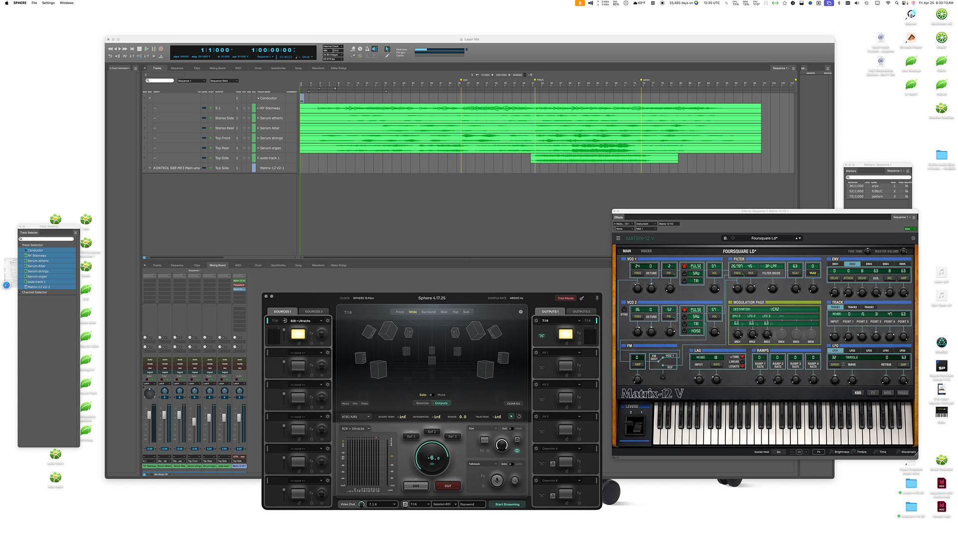 My desktop, as I work … in the background, Digital Performer with the audio tracks I’ve recorded so far … 

Ginger Audio’s fantastic SPHERE software, which lets my DAW talk to my Atmos system in ways Apple’s macOS doesn’t,

and the interface for one of the soft synths I’m using.