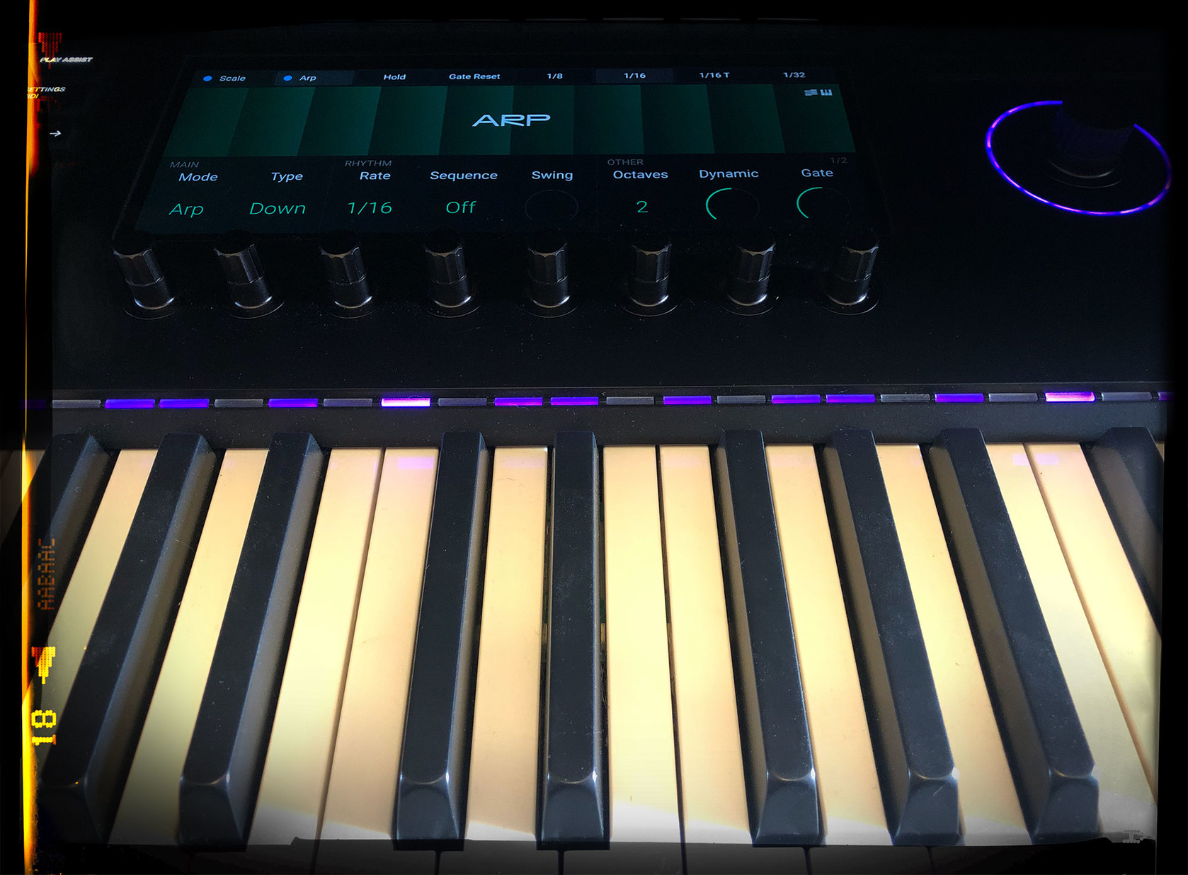 The controls for my Native Instruments Kontrol S88 mk3 MIDI controller. 

I’m starting to really appreciate its power; the keybed can’t match my old Yamaha GranTouch, which has an actual concert piano hammer action,

but it has other capabilities I’m just starting to get a handle on, like flexible built-in arpeggiation,

and remarkable scale and mode templates that are fantastic aids for composition.