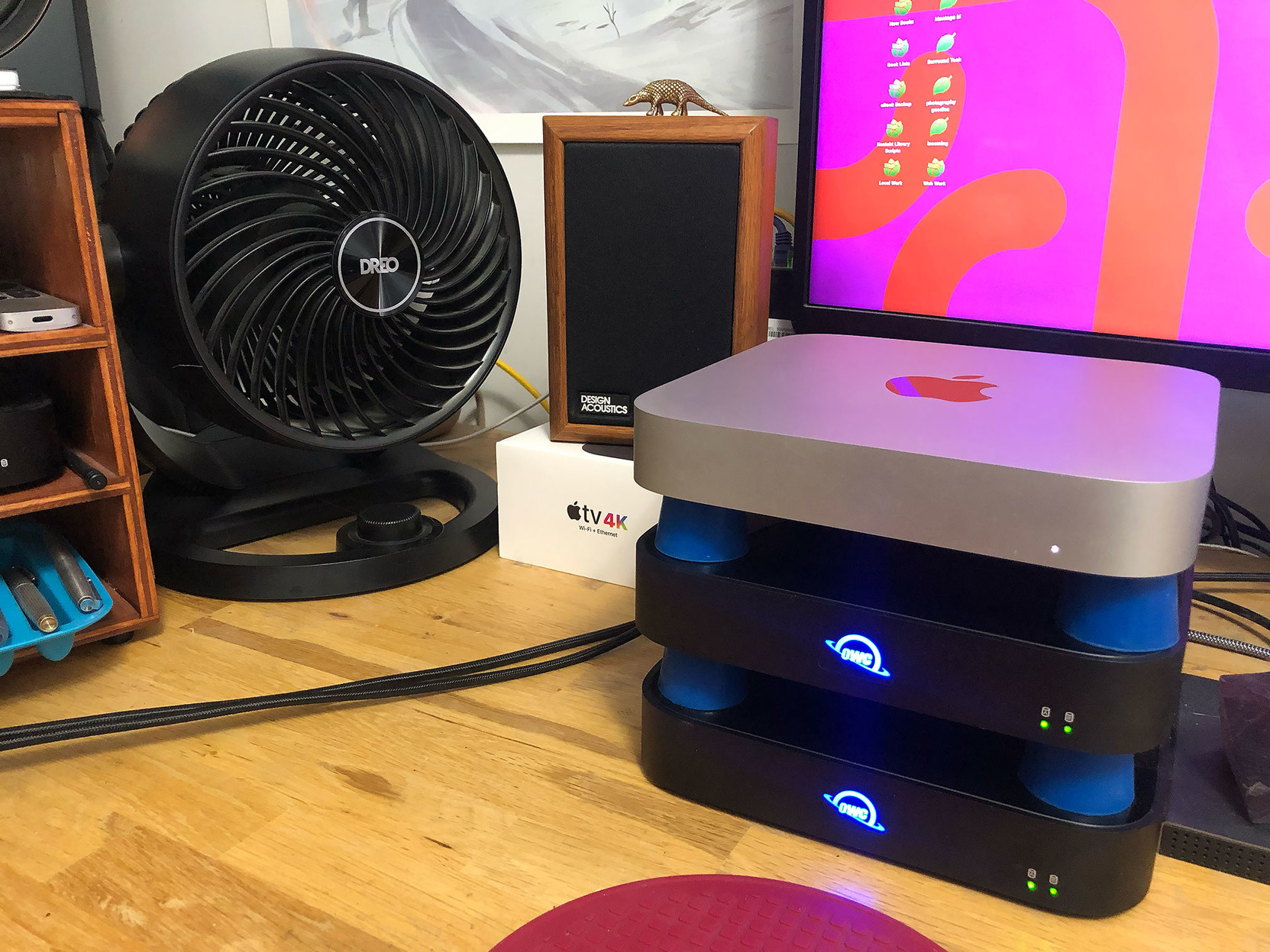 On the left, the Dreo desk fan – $35-45 from Amazon. They call it a 12" fan, which is bullsh*t – the actual fan is 8