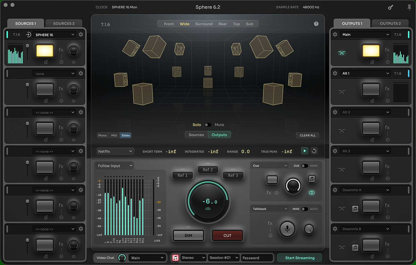My monitor control software, with a cool 3D image of the 7.1.6 speaker system.

There’s a 14-channel meter showing the levels of all the channels with thin green vertical animated lines.