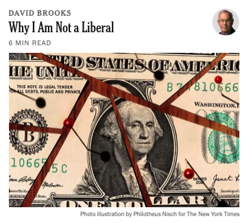 The NYTimes blurb for a David Brooks editorial, “Why I am not a Liberal.”