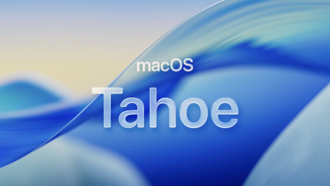 Apples Liquid Glass-enhanced desktop for macOS Tahoe. Translucent curling waves of cool blues.