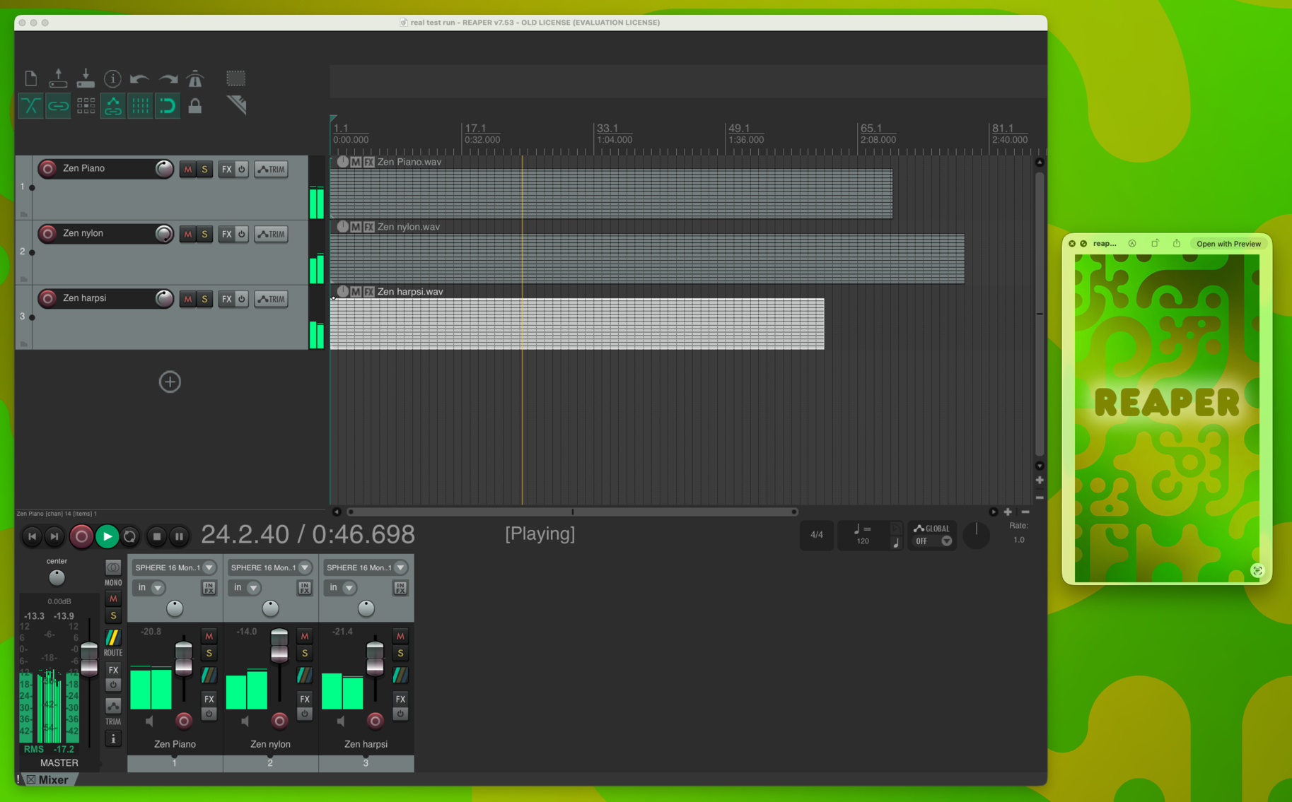 It’s a long, painstaking process getting familiar with a new digital audio workstation. You’ve got to find where the bells and whistles that control the most familiar tasks are hidden, and you’ve got to find them all.

But the rewards are tremendous … here, Reaper is playing three 14-channel audio files … something nearly impossible to accomplish in the workstation I was using. I’m off and running!