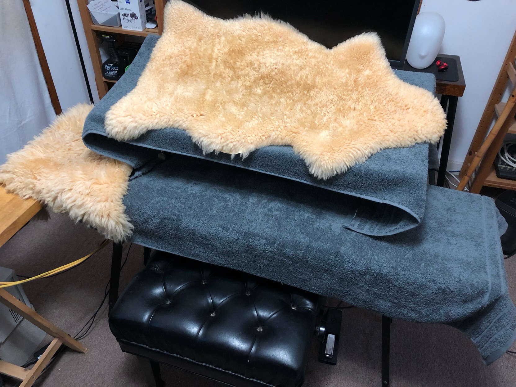 Some of the keyboards when they’re not being used … covered with towels and sheeps wool.