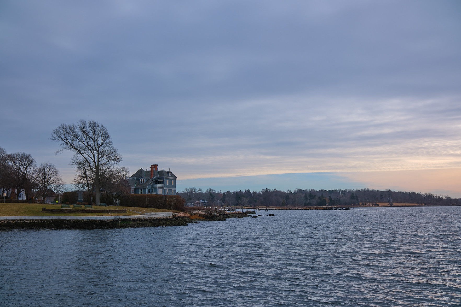 A waterfront home, with Hog Island in the background.