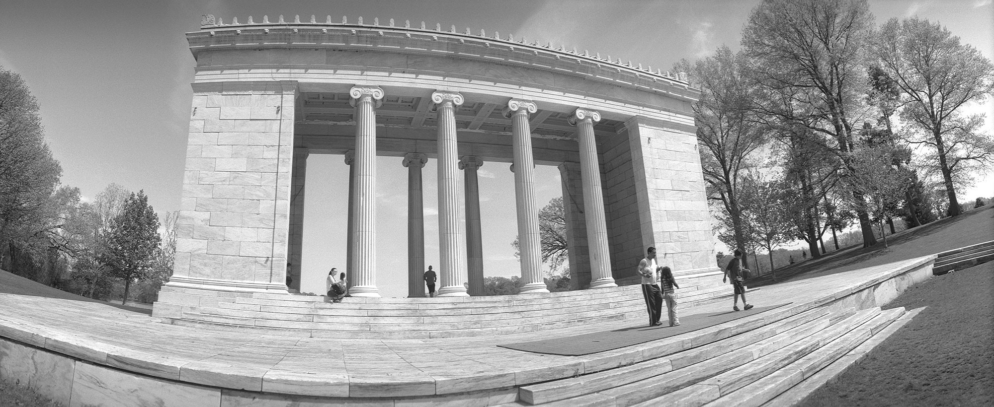 The Temple to Music in Roger Williams Park, Providence, RI. 

Shot with a Widelux camera, it has the typical spherical distortion caused by the camera’s rotating lens.