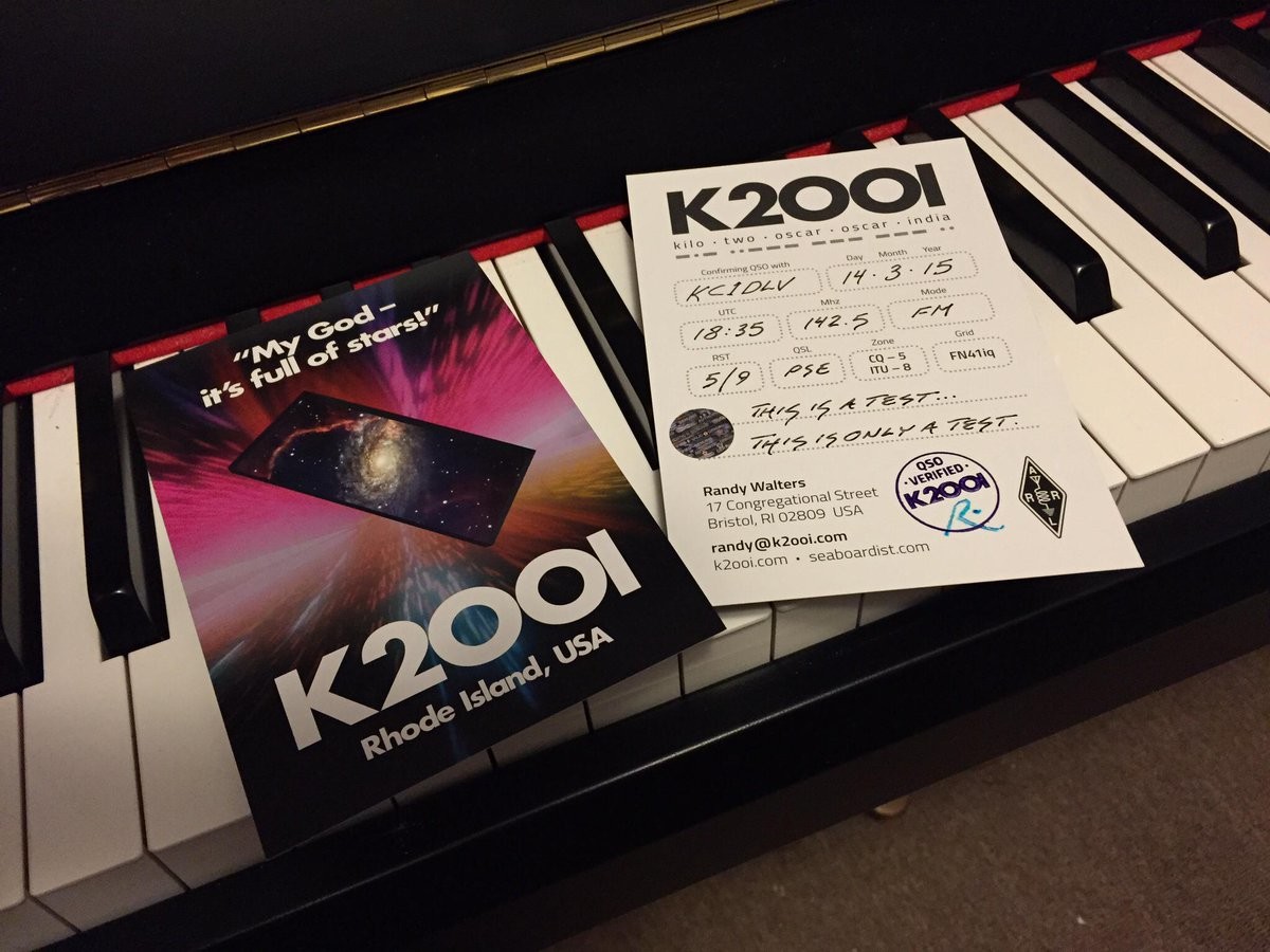 My QSL card, typeset to give the illusion that my call sign ends in the date “2001.”