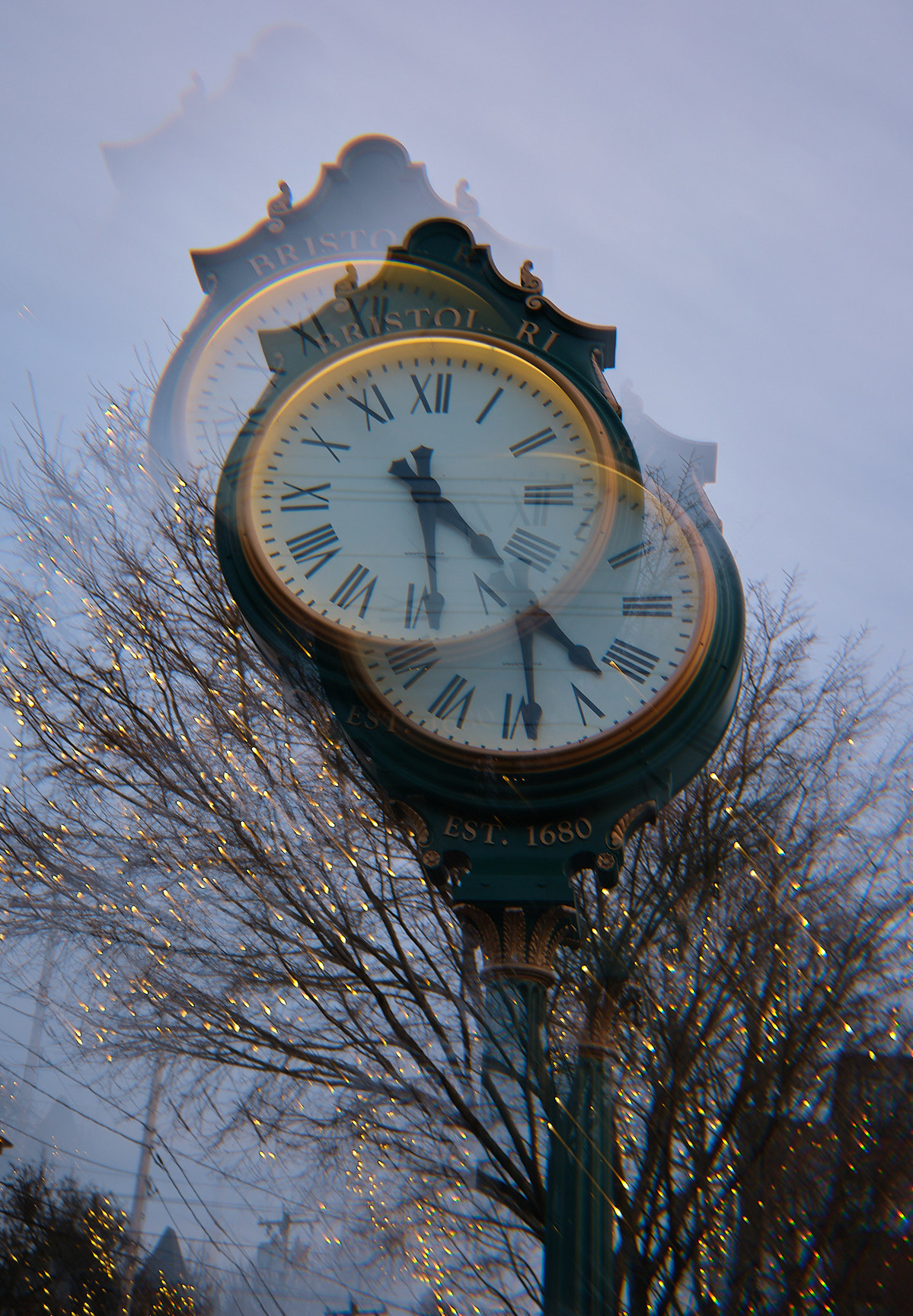 A clock on the Main Street through town, unstuck in time.