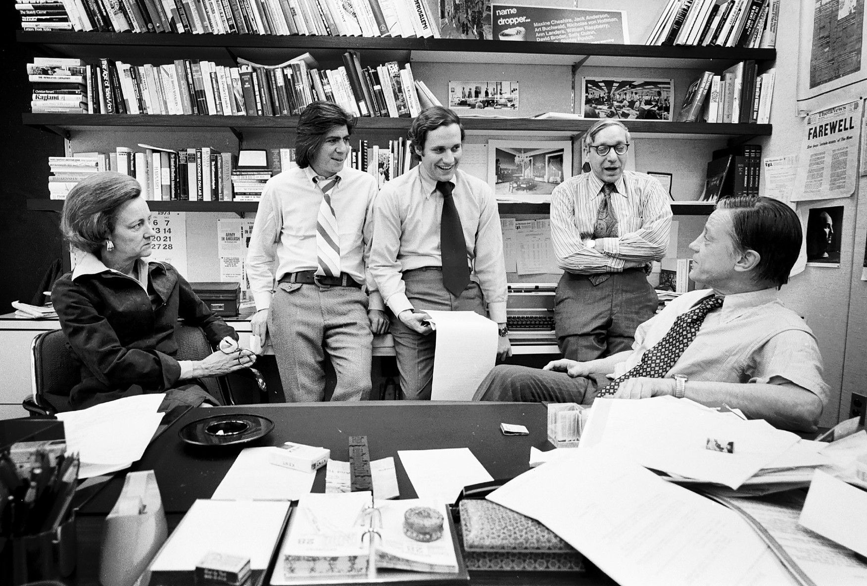 Washington Post Publisher Katharine Graham, reporters Carl Bernstein and Bob Woodward, managing editor Howard Simons and Executive Editor Ben Bradlee in The Washington Post newsroom.

These people were giants, and now the nation and the media are owned and run by malignant gnats. 

The pump don’t work ‘cause the vandals took the handles.

Photo: Mark Godfrey